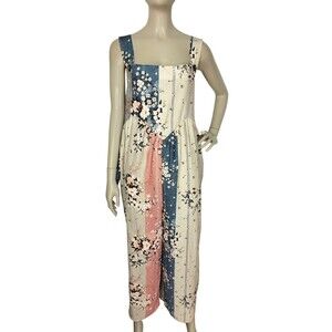 Floral Cottagecore Colorful Striped Wide Leg Overall Jumpsuit One Piece Size XL